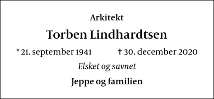 Dødsannoncen for Torben Lindhardtsen - København V
