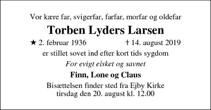 Dødsannoncen for Torben Lyders Larsen - Ejby