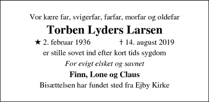 Dødsannoncen for Torben Lyders Larsen - Ejby
