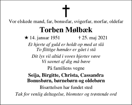 Dødsannoncen for Torben Mølbæk - Slots bjergby 