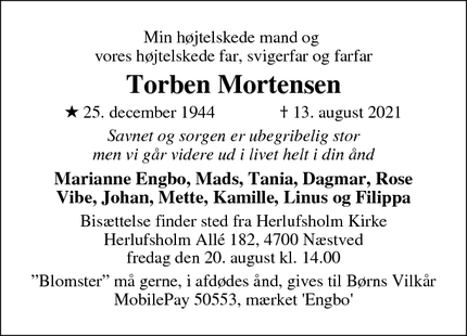 Dødsannoncen for Torben Mortensen - Næstved