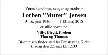 Dødsannoncen for Torben "Murer" Jensen - Hillerød