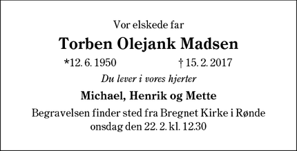Dødsannoncen for Torben Olejank Madsen - Rønde