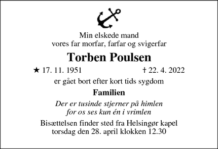 Dødsannoncen for Torben Poulsen - Helsingør