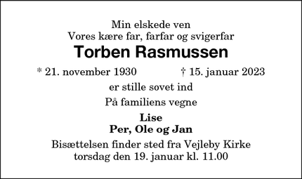 Dødsannoncen for Torben Rasmussen - Binnitsevej Holeby
