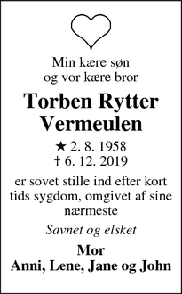 Dødsannoncen for Torben Rytter
Vermeulen - Ø. Bjerregrav