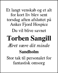 Dødsannoncen for Torben Sangill - Ringkøbing, Danmark