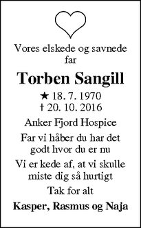 Dødsannoncen for Torben Sangill - Hee