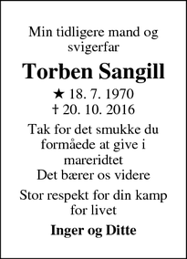 Dødsannoncen for Torben Sangill - Hee