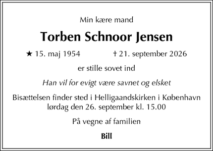 Dødsannoncen for Torben Schnoor Jensen - København V