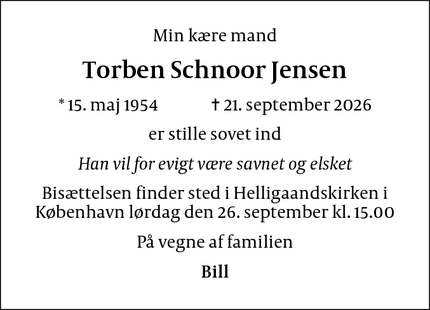 Dødsannoncen for Torben Schnoor Jensen - København V