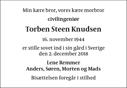 Dødsannoncen for Torben Steen Knudsen - Hishult i Sverige