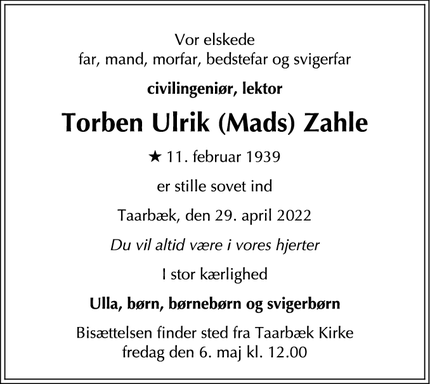 Dødsannoncen for Torben Ulrik (Mads) Zahle - København