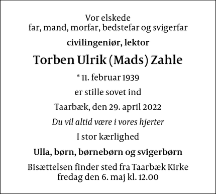 Dødsannoncen for Torben Ulrik (Mads) Zahle - København