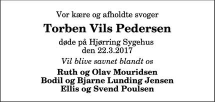 Dødsannoncen for Torben Vils Pedersen - Vestervig