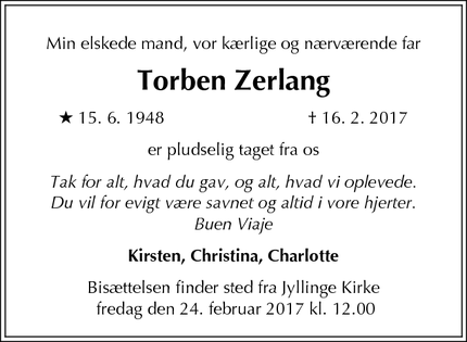 Dødsannoncen for Torben Zerlang - Jyllinge
