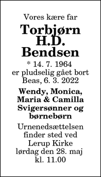 Dødsannoncen for Torbjørn H.D. Bendsen - Brovst