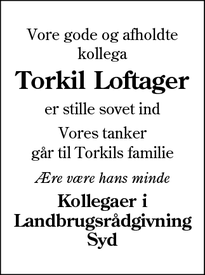 Dødsannoncen for Torkil Loftager - Løgumkloster