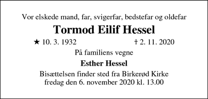 Dødsannoncen for Tormod Eilif Hessel - Birkerød