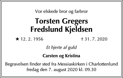 Dødsannoncen for Torsten Gregers
Fredslund Kjeldsen - Gibraltar