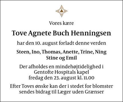 Dødsannoncen for Tove Agnete Buch Henningsen - Gentofte