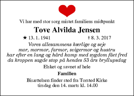 Dødsannoncen for Tove Alvilda Jensen - Horsens