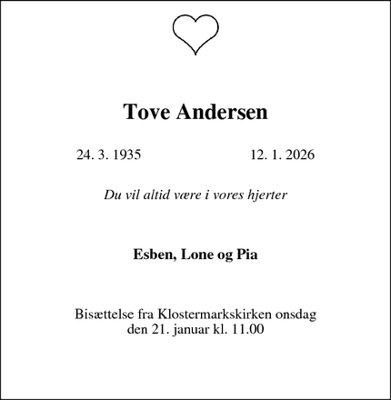 Dødsannoncen for Tove Andersen - Ringsted