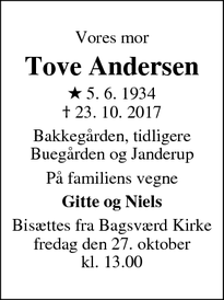 Dødsannoncen for Tove Andersen - Bagsværd
