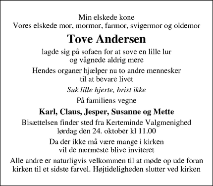 Dødsannoncen for Tove Andersen - Kerteminde