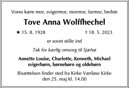 Dødsannoncen for Tove Anna Wolffhechel - Birkerød