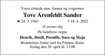 Dødsannoncen for Tove Arenfeldt Sander - Svendborg