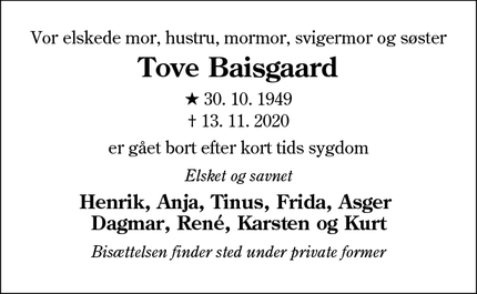 Dødsannoncen for Tove Baisgaard - København S