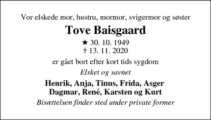 Dødsannoncen for Tove Baisgaard - København S