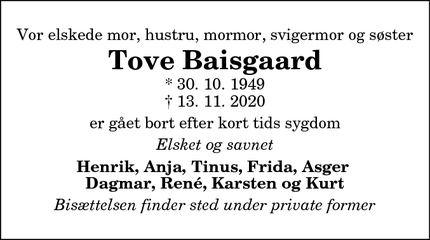 Dødsannoncen for Tove Baisgaard - København S