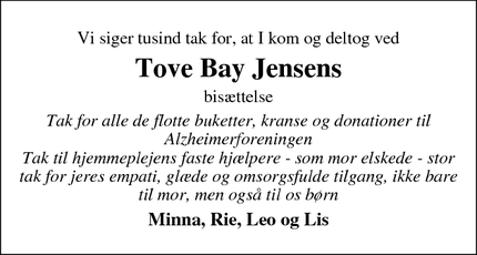 Taksigelsen for Tove Bay Jensens - Skibby