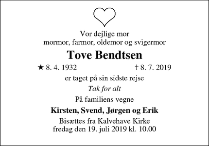 Dødsannoncen for Tove Bendtsen - Kalvehave