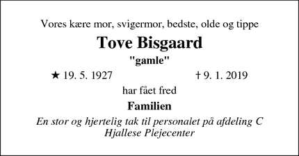 Dødsannoncen for Tove Bisgaard - Odense