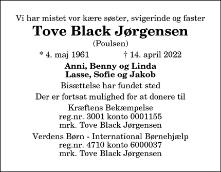 Dødsannoncen for Tove Black Jørgensen - Thisted