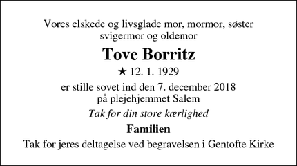 Dødsannoncen for Tove Borritz - Gentofte