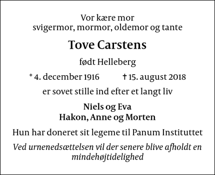 Dødsannoncen for Tove Carstens - København