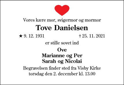 Dødsannoncen for Tove Danielsen - Højer