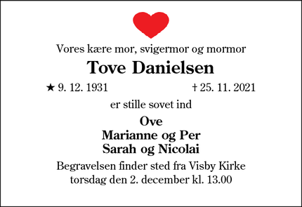 Dødsannoncen for Tove Danielsen - Højer