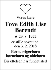 Dødsannoncen for Tove Edith Lise Berendt - Roskilde