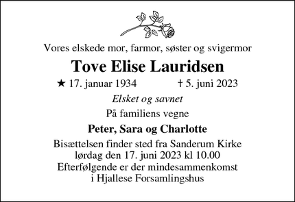 Dødsannoncen for Tove Elise Lauridsen - Odense