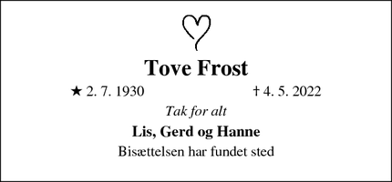 Dødsannoncen for Tove Frost - Vanløse