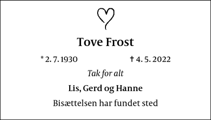 Dødsannoncen for Tove Frost - Vanløse