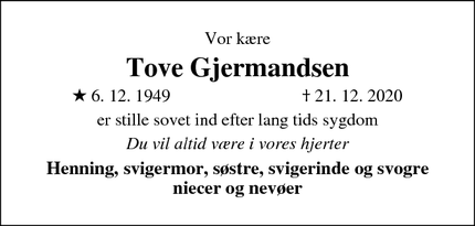 Dødsannoncen for Tove Gjermandsen - Århus