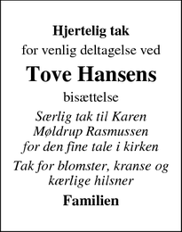 Taksigelsen for Tove Hansen - Vester Sottrup, 6400 Sønderborg