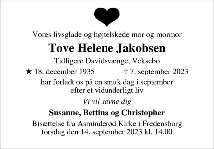 Dødsannoncen for Tove Helene Jakobsen - Fredensborg