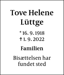 Dødsannoncen for Tove Helene
Lüttge - Jystrup
